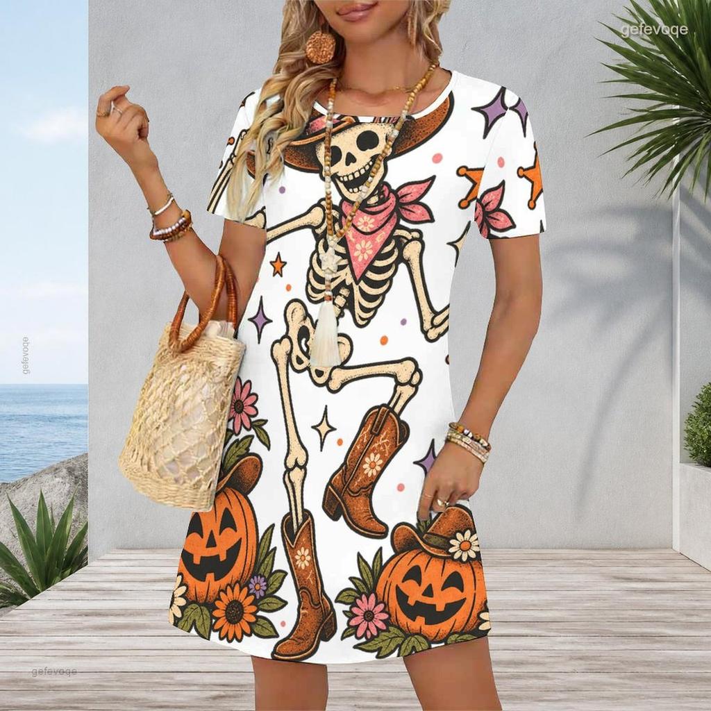 Women Plus Size Round Neck Short Sleeve A Line Dress Cute Cartoon Raccoon Pumpkin Printed