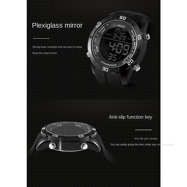 Relógio esportivo digital de silicone SMAEL com tela única, multifuncional, à prova d'água, masculino, de liga, para atividades ao ar livre