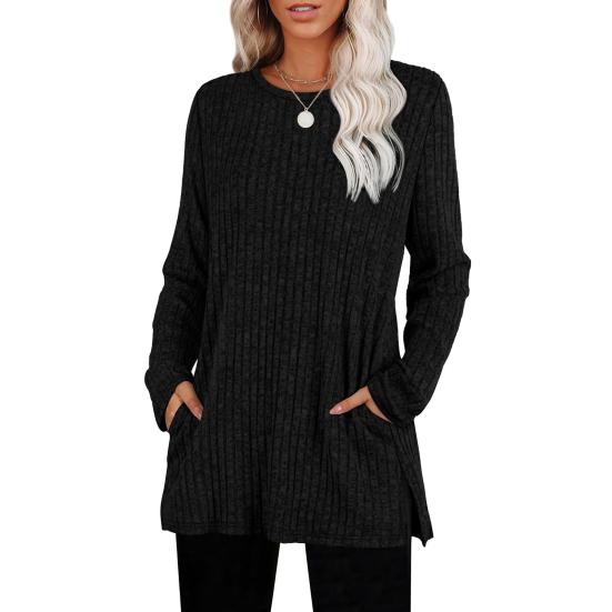 Women Tunic Tops Round Neck Long Sleeve Knit Tops with Side Pockets Solid Color Casual Striped Blouse