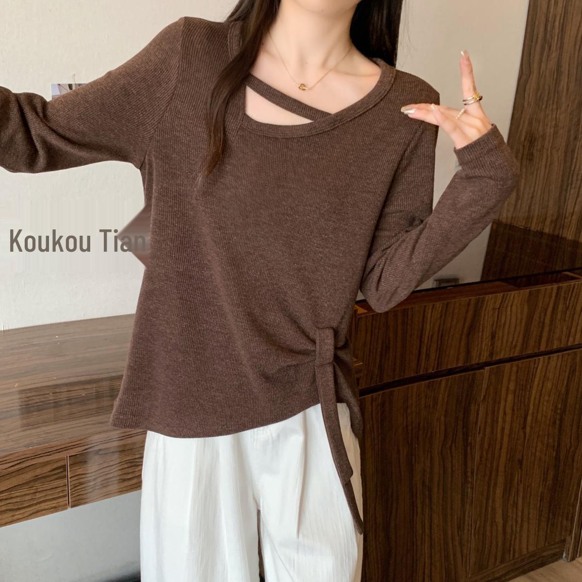

2025 Plus Size Women s Slimming Long Sleeve Ribbon Top - Tummy Covering Autumn/Winter Design 4XL (175-200 kg) кавовий