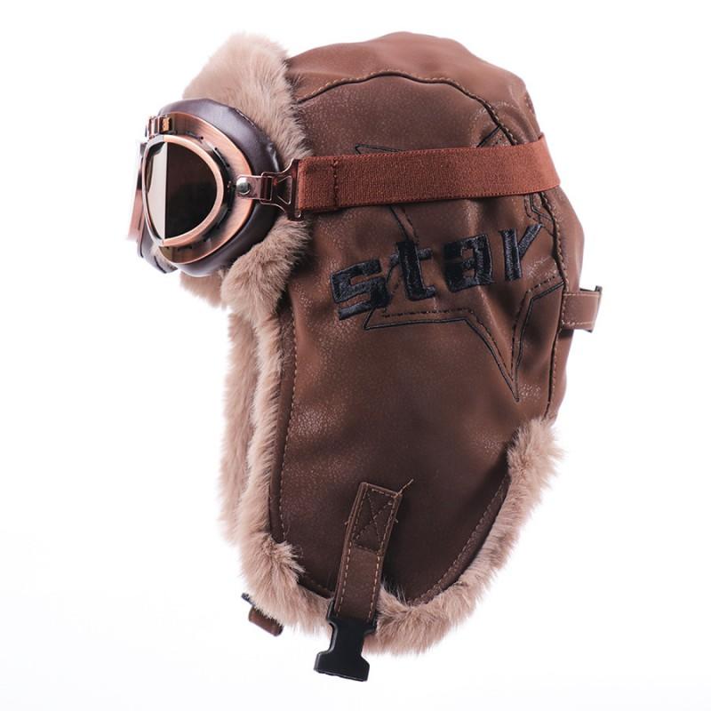 Winter Fleece-lined Aviator Hat With Goggles Retro Pilot Cap Warm Ear Protection Unisex