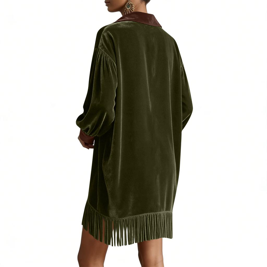 Women's Fashionable Color Blocked V-neck Long Sleeved Retro Loose Pocket Tassel Dress