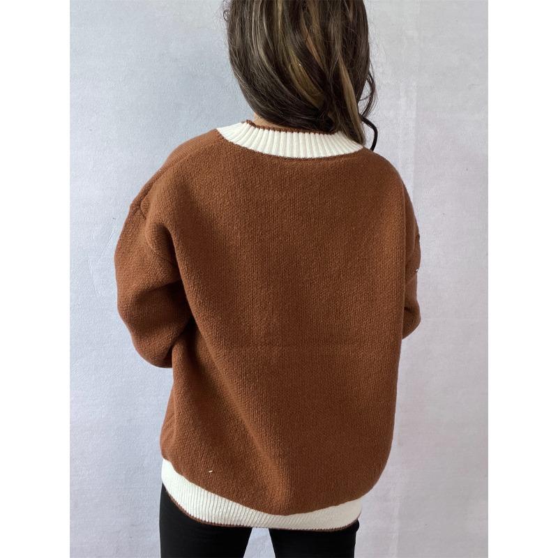 Color Blocking Cardigan V-neck Sweater Women's Loose Knitted Coat Large Size Knitwear Soft Fabric Warm Comfortable Harajuku Style Autumn Winter