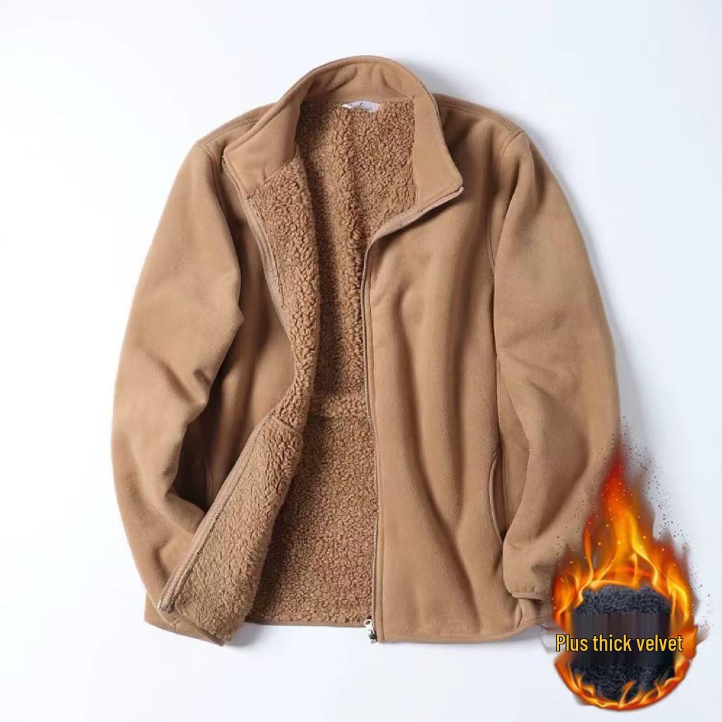 Men's Stand Collar Fleece Lined Thick Lambswool Jacket - Autumn/Winter Plus Size, Solid Color