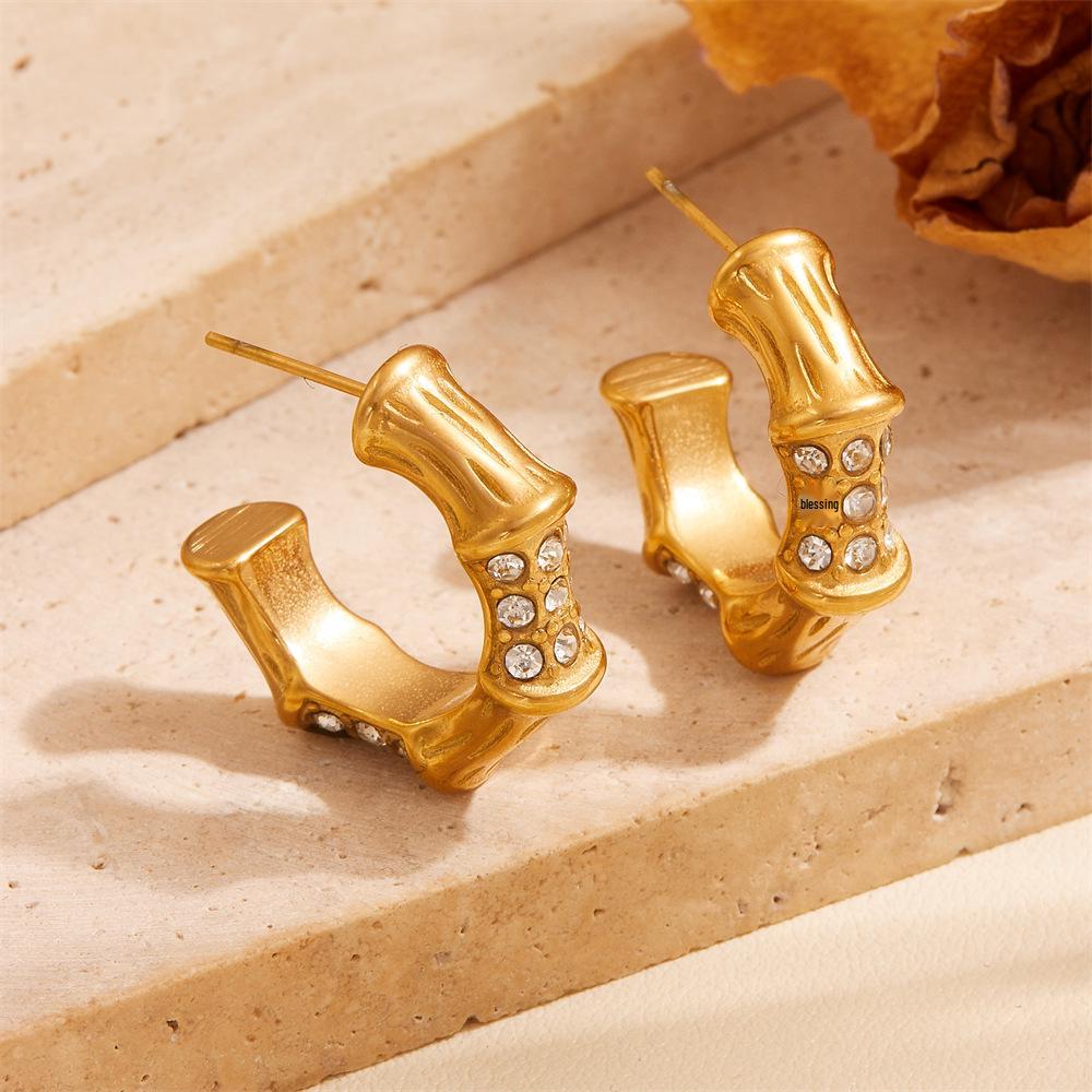 Trendy Titanium Steel Geometric Gold-Plated Earrings with Cubic Zirconia Ovals