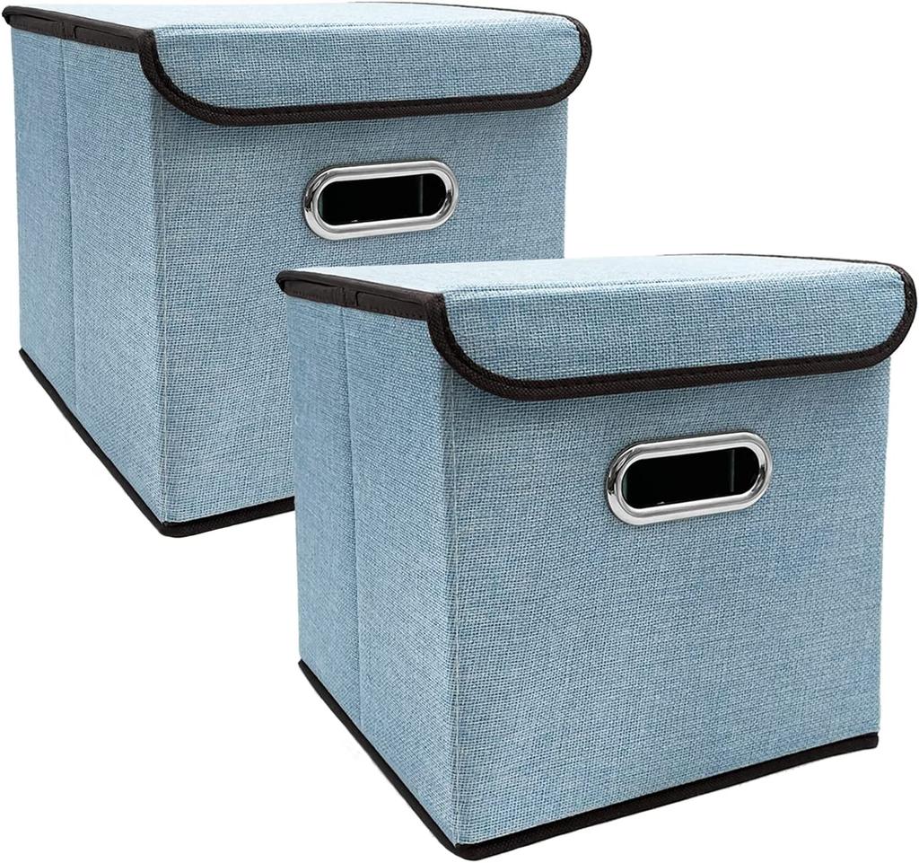 2 Pezzi Contenitori Pieghevoli con Coperchio 25*25cm Cestini Portaoggetti in Tessuto di Lino Lavabili Scatola Decorativa