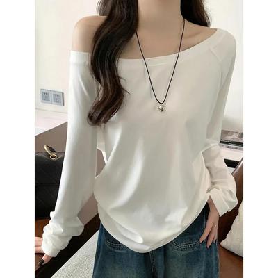 Oversized Off-shoulder Langermet T-skjorte Dame Ensfarget Casual Topper Dame Vår Høst Basic T-skjorter Koreansk stil Ungdom Bluser