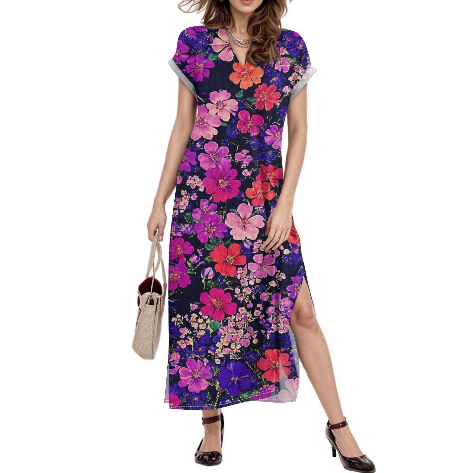 

Женское платье макси с цветочным принтом, повседневное платье-рубашка с длинным рукавом и свободным разрезом, праздничное платье с коротким рукавом L