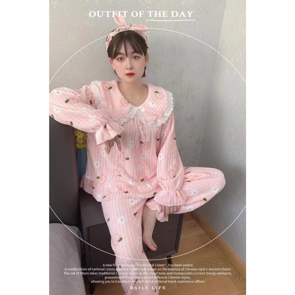 Autumn and Winter Coral Fleece Pajamas for Women, Thick and Warm Flannel Long Home Wear, Fashionable Plus Size Cardigan Set