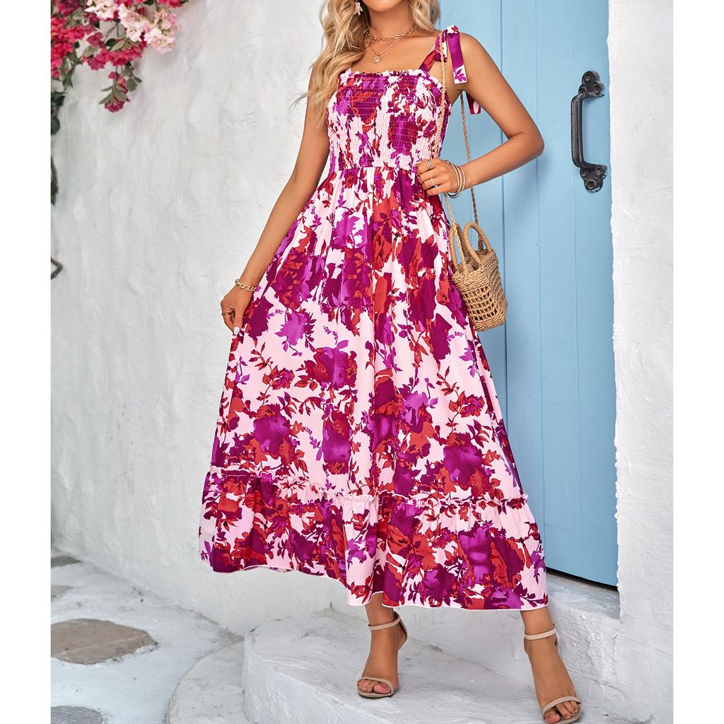 Maxi Dress Shirred Printed Strap Pleated Fashionable Elegant Female Maxi Dress for Dating Party