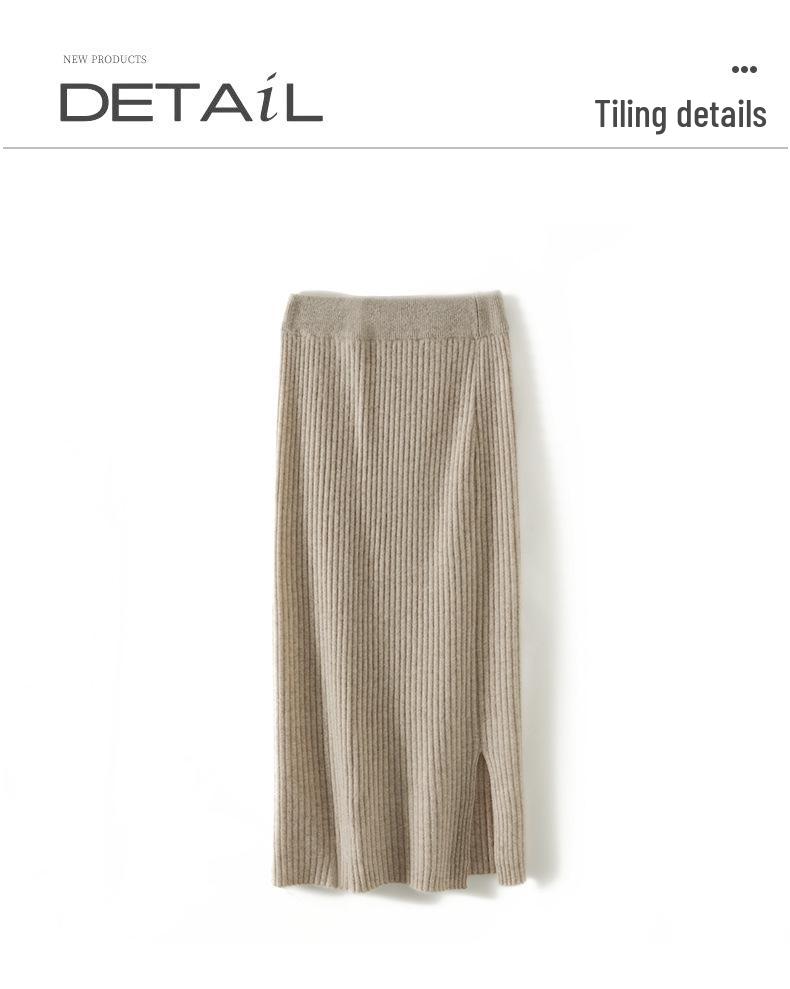 Women's 100% Wool Elastic High-Waist Knitted Midi Skirt with Back Slit