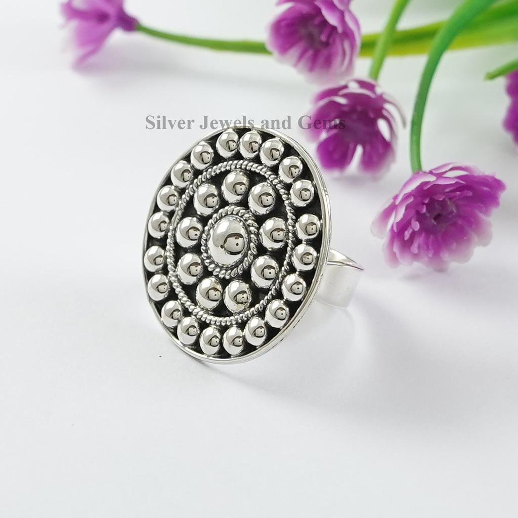 925 Sterling Silver Ring, Puffy Beads Round Ring, Handmade Ring, Wedding Ring, Adjustable Band Ring