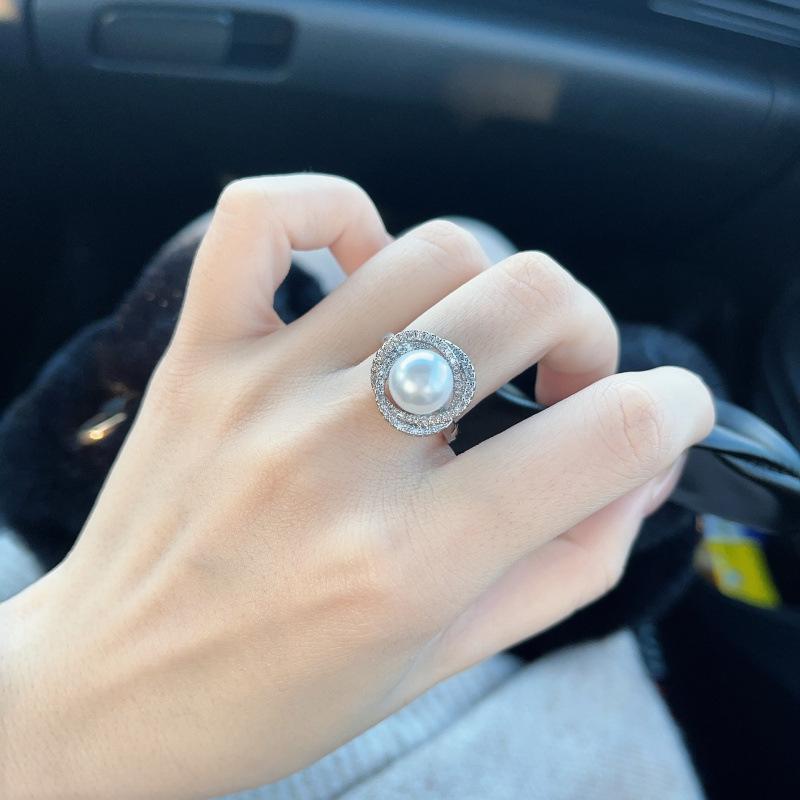 Temperament Zircon Round Necklace Women'S Creative Pearl Ring Stud Earrings Jewelry Three-Piece Set