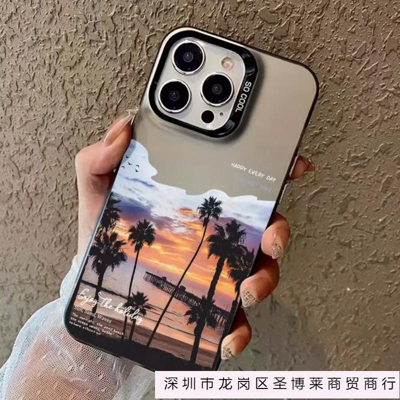 Gradual Change Dusk Coconut Tree for Apple 13/14 Mobile Phone Case iPhone16Pro Color Silver 16 Hard 15 Anti-drop XR
