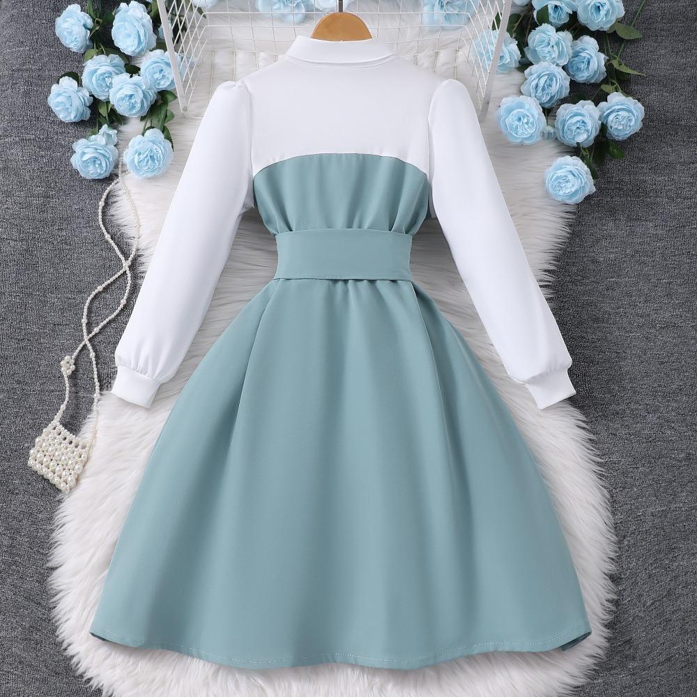 8-12Y Girls' Long-Sleeved Dress Autumn/Winter Dress Patchwork Fashion Contrasting Colours Minimalist Dress