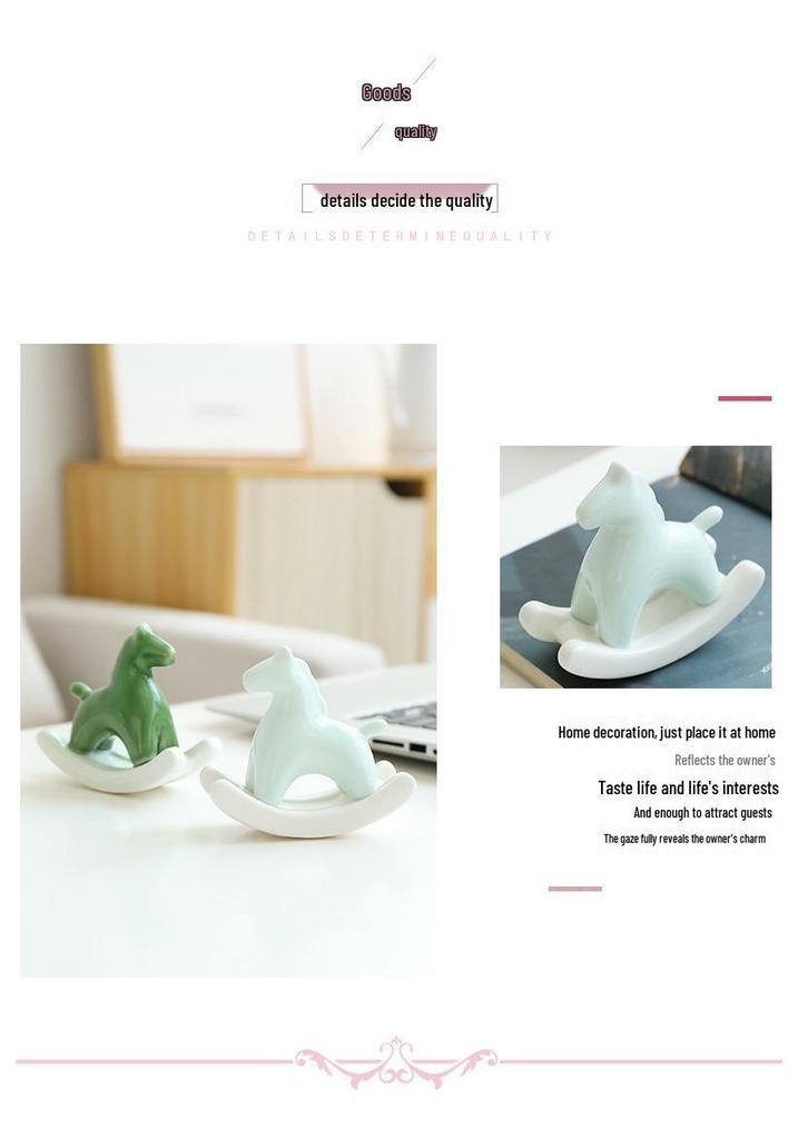 Modern Minimalist Ceramic Rocking Horse Ornament - Cute Green & Pink Tea Pet Decor for Home