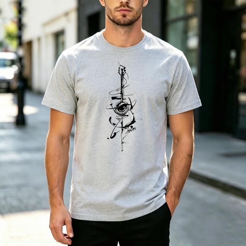 Minimalist Ink Brush Art Abstract Guitar Graphic Short Sleeve T Shirt Unisex Unisex Cotton Soft Daily Streetwear Casual Music Lover