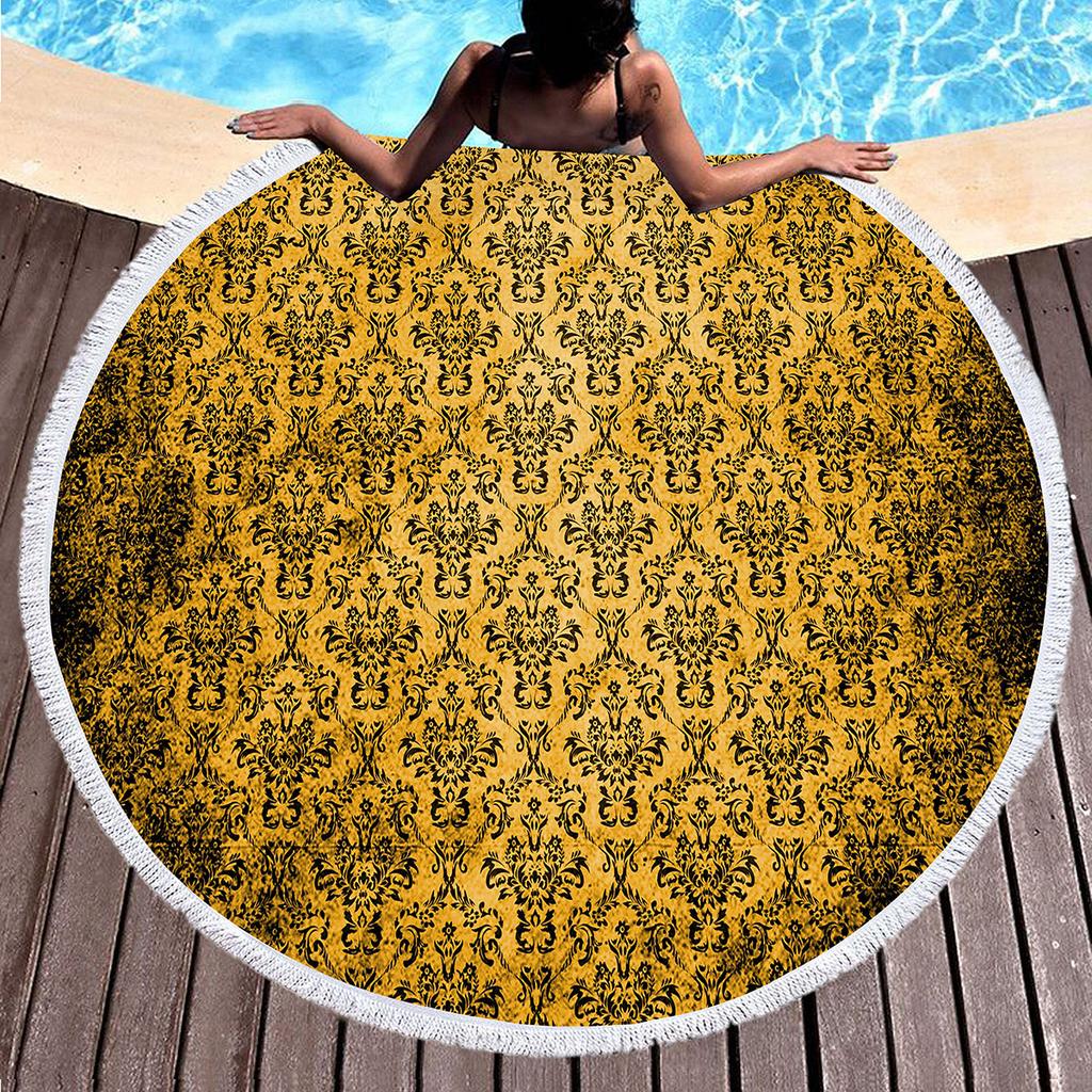 Vintage Gold Printed Round Beach Blanket,Polyester Sand Resistant Shawl Beach Towel,Absorbent Quick Dry Pool Towel Picnic Mat