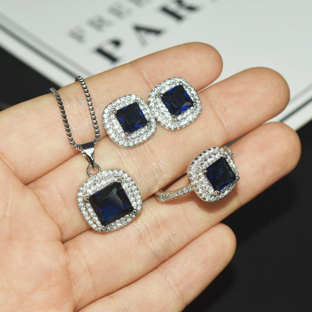 Women Jewelry Set Princess Cut Simulated Moissanite Adjustable Ring Full Diamond Micro Pave Earrings Pendant Necklace