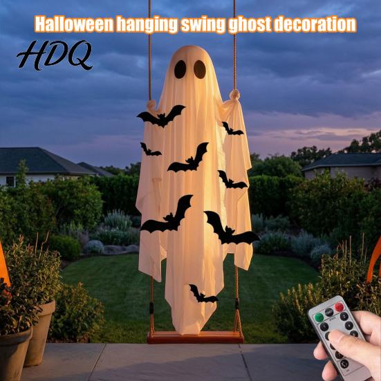 Halloween-Atmosphäre-Set Große Hängeschaukel Geist-Dekoration Leuchtend Gruselig Schwingend Atmungsaktives Polyester mit 3D-Fledermäusen für Veranda Hof,