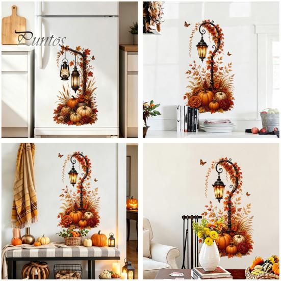 Thanksgiving Window Clings Autumn Pumpkin Street Lamp & Maple Leaves Wall Sticker, Waterproof PVC Fall Harvest Atmosphere Decor Decal, Decorative Peel