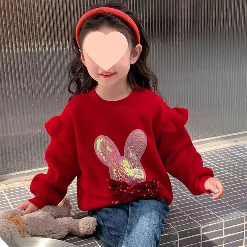 Girls Fleece Lined Thick Red Sweatshirt for Winter Festive Wear 100