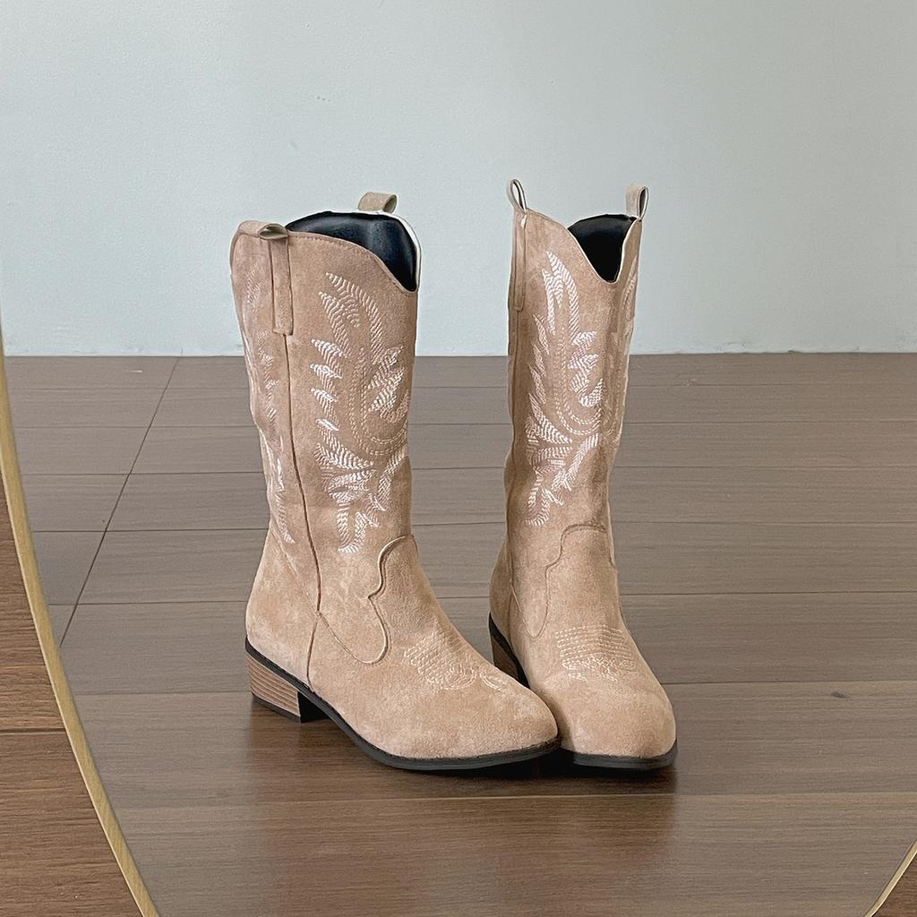 Popular Khaki Maillard Thick Heel Western Cowboy Boots Women's 2025 New Autumn Versatile Retro Knight Boots Short Boots