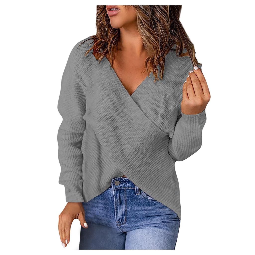 Damen-Pullover, lässig, einfarbig, V-Ausschnitt, lockerer Strickpullover, gerippter Strickpullover