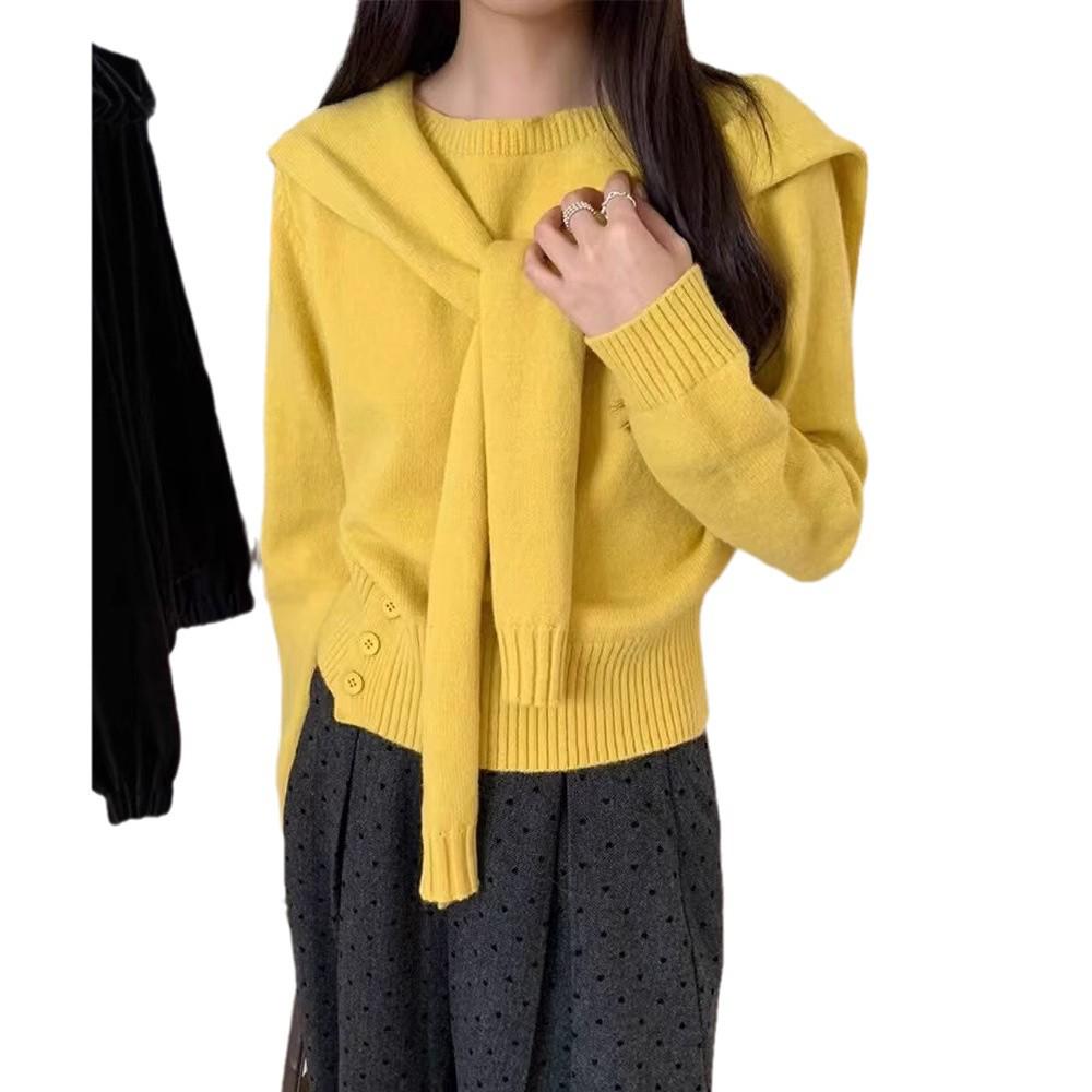 Korean Chic Waist-Cinched Loose Slimming Sweater with Shawl, Long Sleeve Knit Top for Autumn/Winter