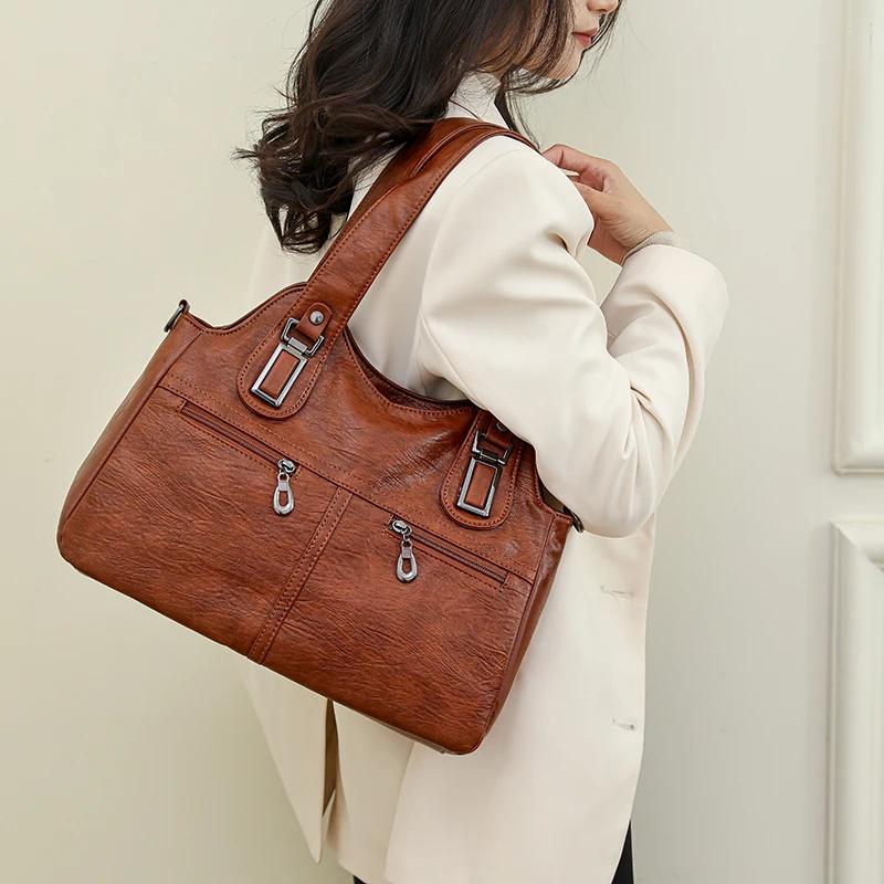 

Однотонная сумка через плечо с внутренним карманом на молнии для женщин, мягкие сумки из ПУ, большая вместимость, модная