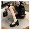 Ladies Summer Black New Small Leather Shoes Mary Janes Vintage Buckle Non-Slip Sandals Woman Medium Heels Casual Elegant Heels