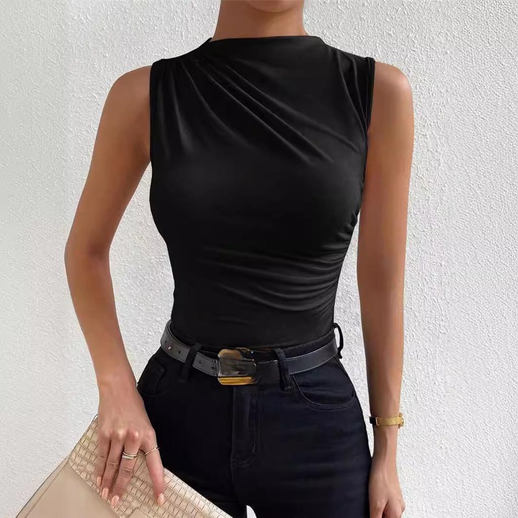 Women's Spring and Summer Fashion Versatile Solid Colour Pleated Half High Neck T-shirt