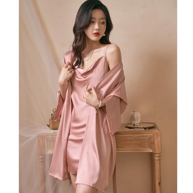 Ice Silk Long Sleeve Robe & Low-Cut Camisole Set - Spring/Summer Women's High-End Pajamas