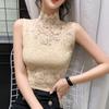 Women Korean Lace Hollow Out Turtleneck Sleeveless Slim T-shirt Vest
