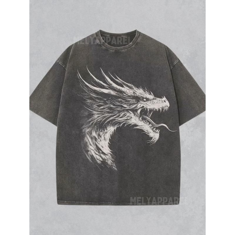 

European Size Washed, Dragon Retro Style.jpg Printed Men s Summer T-shirt, High Quality Batik Cotton All-season Casual Wear T-shirt S чёрный