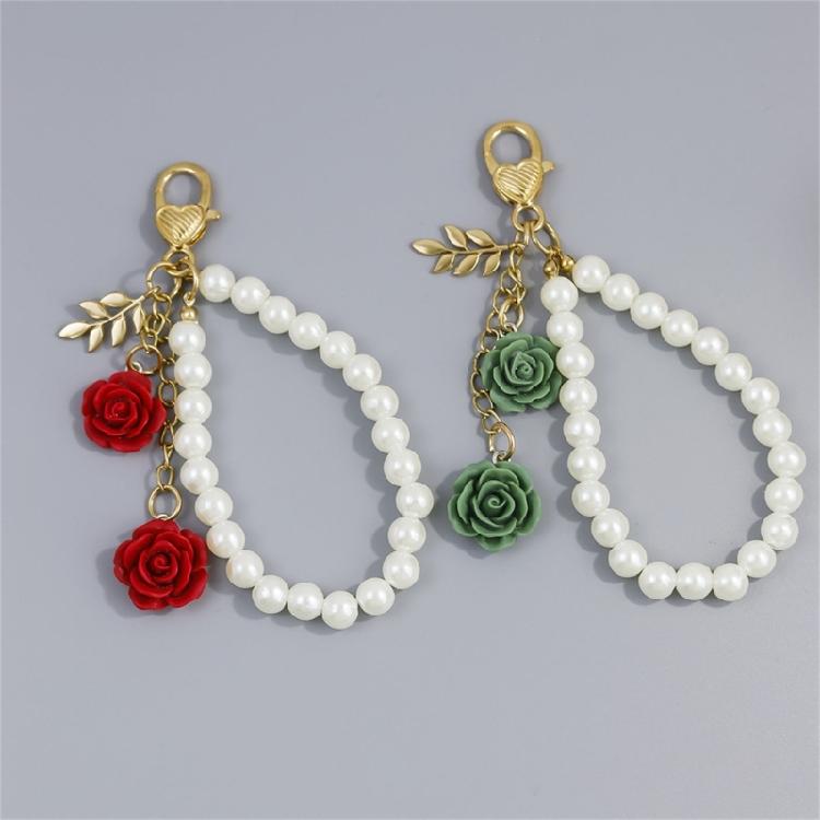 Trendige Perlenkette und Rosen-Schlüsselanhänger mit Legierungsverschluss Rostfreier Schlüsselanhänger Harzblume Schlüsselring Eleganter Taschenanhänger