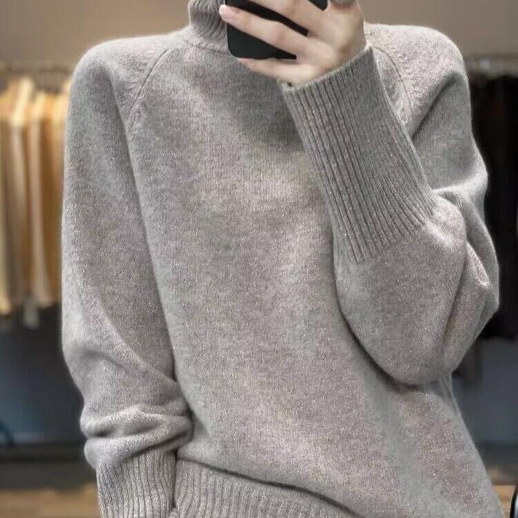 Loose Sequined Sweater for Women Thickened Casual Solid Color Turtleneck Knitted Sweater Winter Knitted Sweater