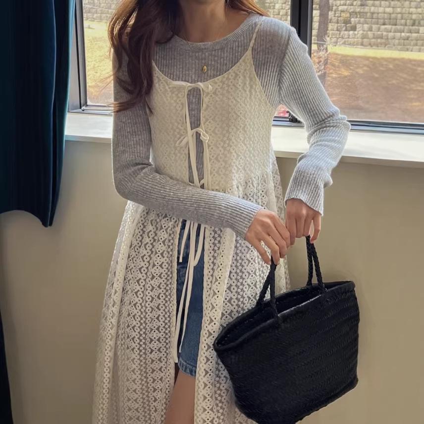 Korean Chic Lace See-Through Strappy Dress & Tie Cardigan - 2026 Spring/Summer Collection for Women