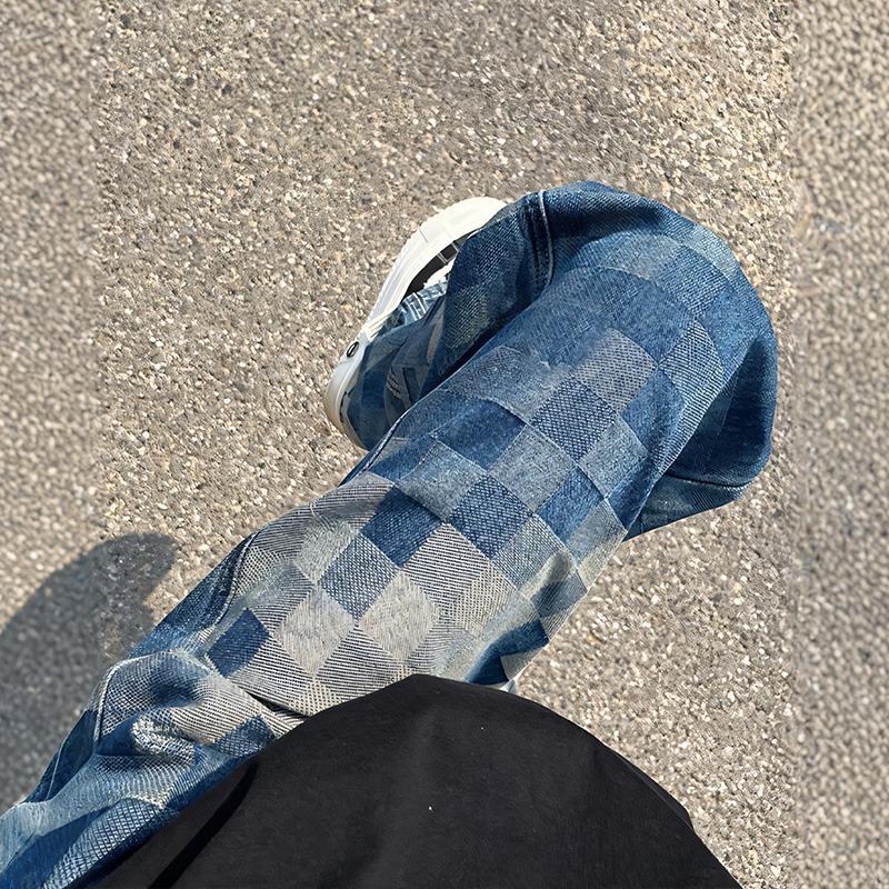 Мужские клетчатые джинсы JYL High-Street Пэчворк Свободные Широкие Расклешенные Джинсовые Брюки L