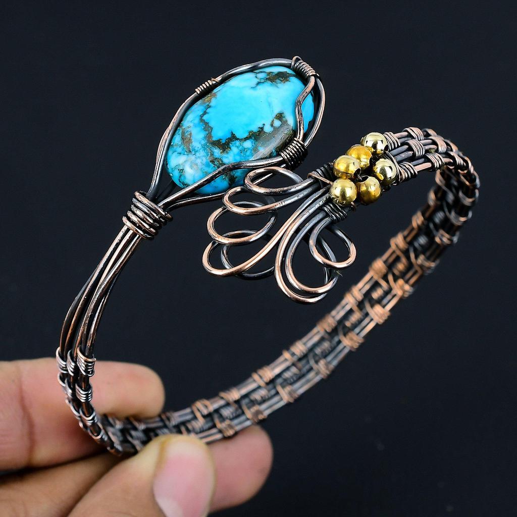 Tibetan Turquoise Bangle, Handmade Gemstone Bangle, 999 Copper Wire Wrapped Antique Jewelry, Gift For Love
