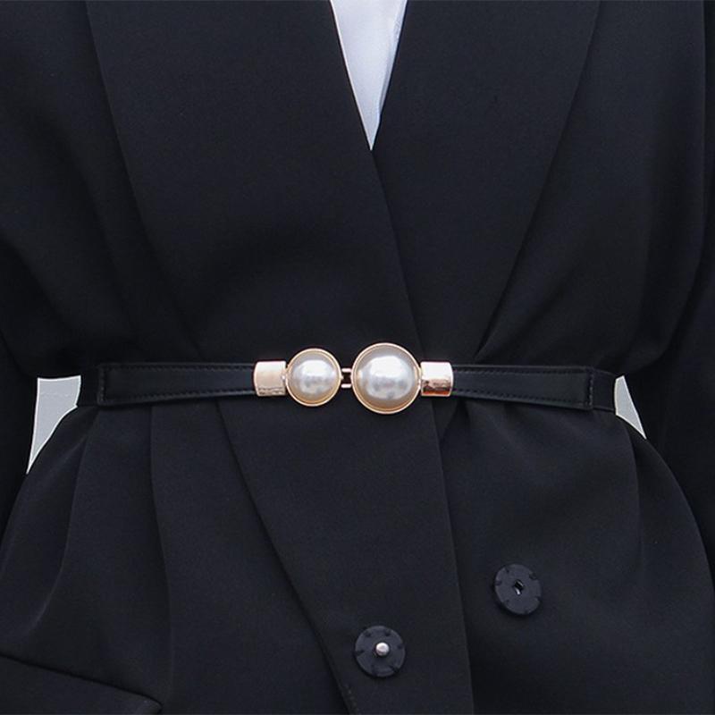 Creative Pearl Buckle Belt Pu Leather Dress Skirt Waist Elastic Thin Women Belts Ladies Waistband