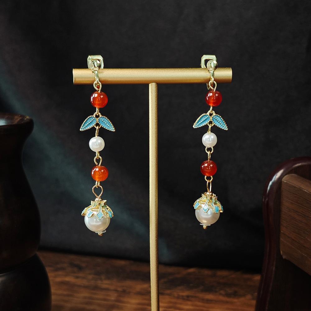 

Antique Beaded Long Fringed Pearl Earrings, Ethnic Feng Shui Drop Hanfu Accessories Without Ear Clips