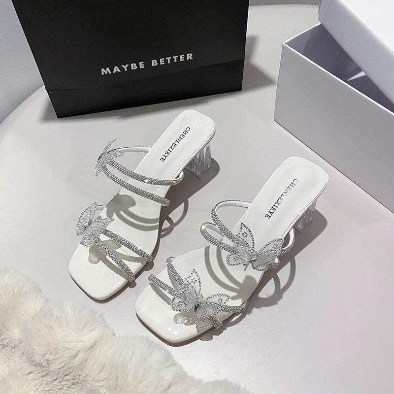 French Thick-heeled Slippers Women's Summer Skirt 2025 New Bow Rhinestone High Heels Casual Open-toed Slippers