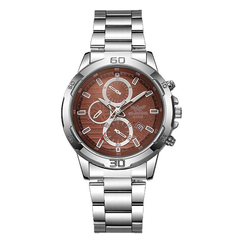Fashion Casual Business Alloy Steel Belt Silver Scale Decorative Three-Eye Calendar Men'S Quartz Watch