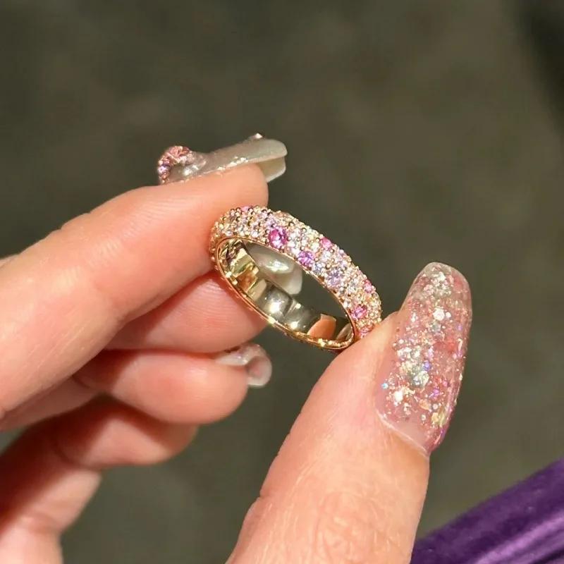 Neu In Kupfer plattiertes Roségold Voll ausgefasste Ringe mit rosa Kristallen für Damen Glänzend Luxuriös Süßer Ring Hochzeit Zirkon Geschenk