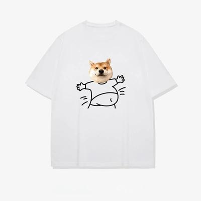 2025 Autumn and Winter Fashionable and Comfortable Cotton T-shirt Big-bellied Dog Print Men's Women's Large-size Couple T-shirt
