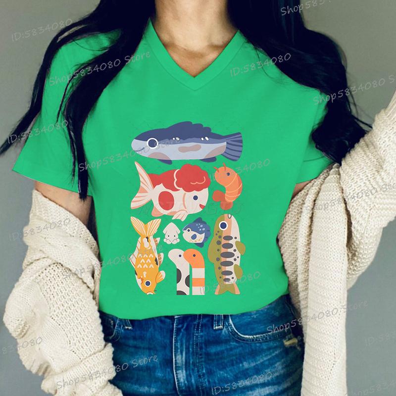 Funny Fish Tshirt for Unisex Women Fashion Summer Tops Fish Print Women Fashion Casual Tops Vneck Cotton Short Sleeve Tee