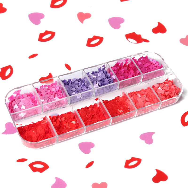 12 Grids/box Nail Sequins Flakes Paillette Nail Art Decoration Heart Alphabet Lips