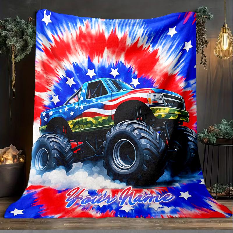 1PC Custom Name American Flag Monster Truck Outdooor Flannel Blankets Patterns Throw Blanket All-Season Soft Gift for Couch, Bed, Camping Gifts