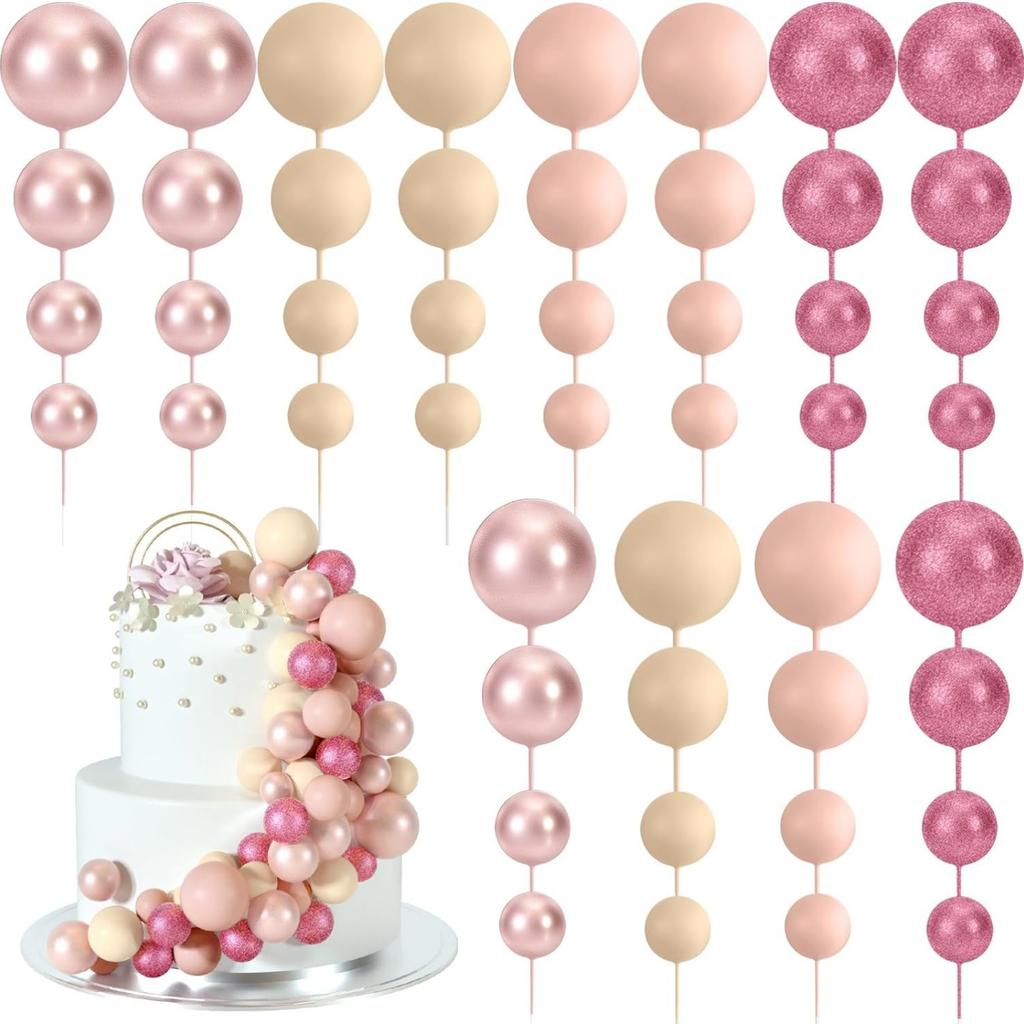 48 Stück Rosa Kuchen Deko Kugeln Cake Topper für Geburtstagsfeier Hochzeitstorte Deko(Glitzerndes Pink, Roségold, Hellbraun, Helles Nude)